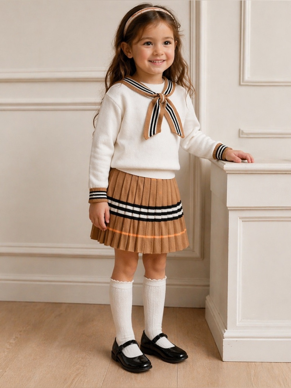 Girls Fall Outfits Long Sleeve Knitted Preppy Sweater and Pleated Skirt Set